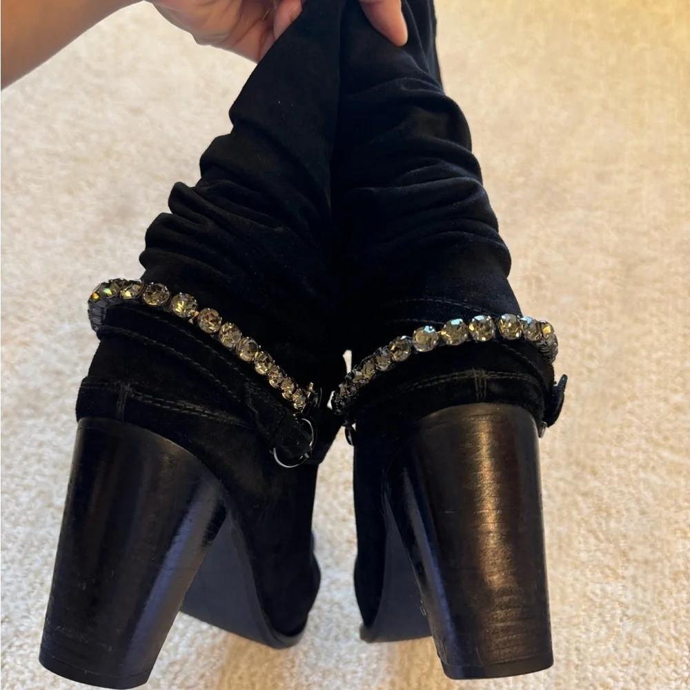 Stuart Weitzman suede slouch boot with crystal straps 8